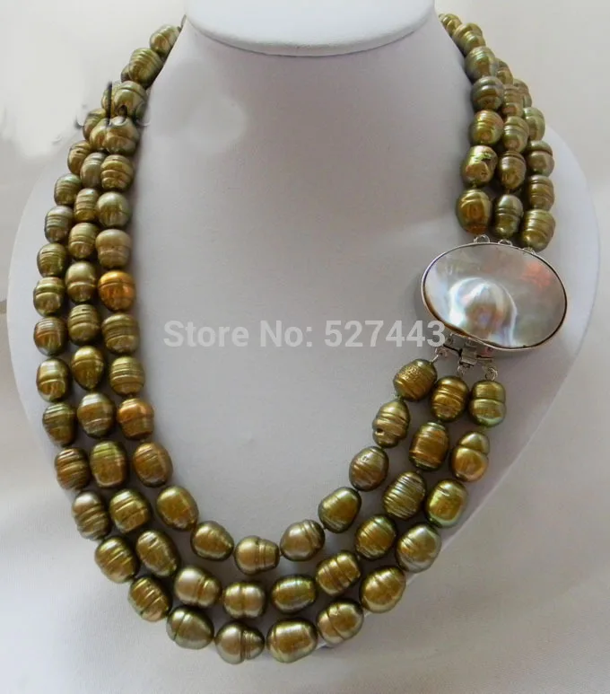 

Wholesale p&p 3Strands 17-19'' 11mmx14mm Green Rice Freshwater Pearl MABE Clasp Necklace