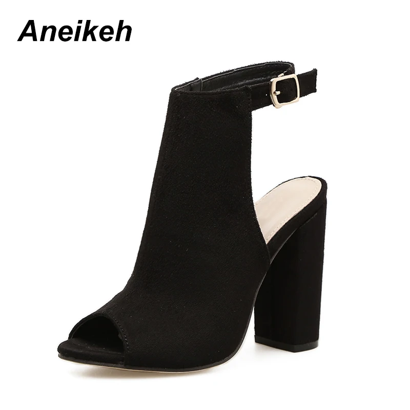 

Aneikeh High Heel Sandals Spring Fashion Simple Fish Mouth Open Toe Hollow T-Strap Buckle Square With Ladies Sandals Size 35-40