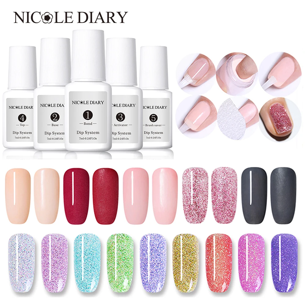 

NICOLE DIARY 10ml Dipping Nail Powder Gradient French Glitter Without Lamp Cure Base Top Activator Polish Liquid Set Decoration