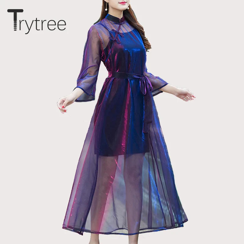 

Trytree Spring Summer Dress Casual women Ankle-Length Hollow Out Three Quarter Solid Lace chiffon dresses kyliejenner dress