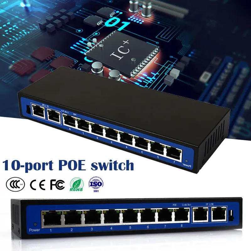 10 портов 8 PoE Инжектор POE мощность по Ethernet переключатель мощность по Ethernet POE Ethernet коммутатор сетевой камеры Адаптер питания