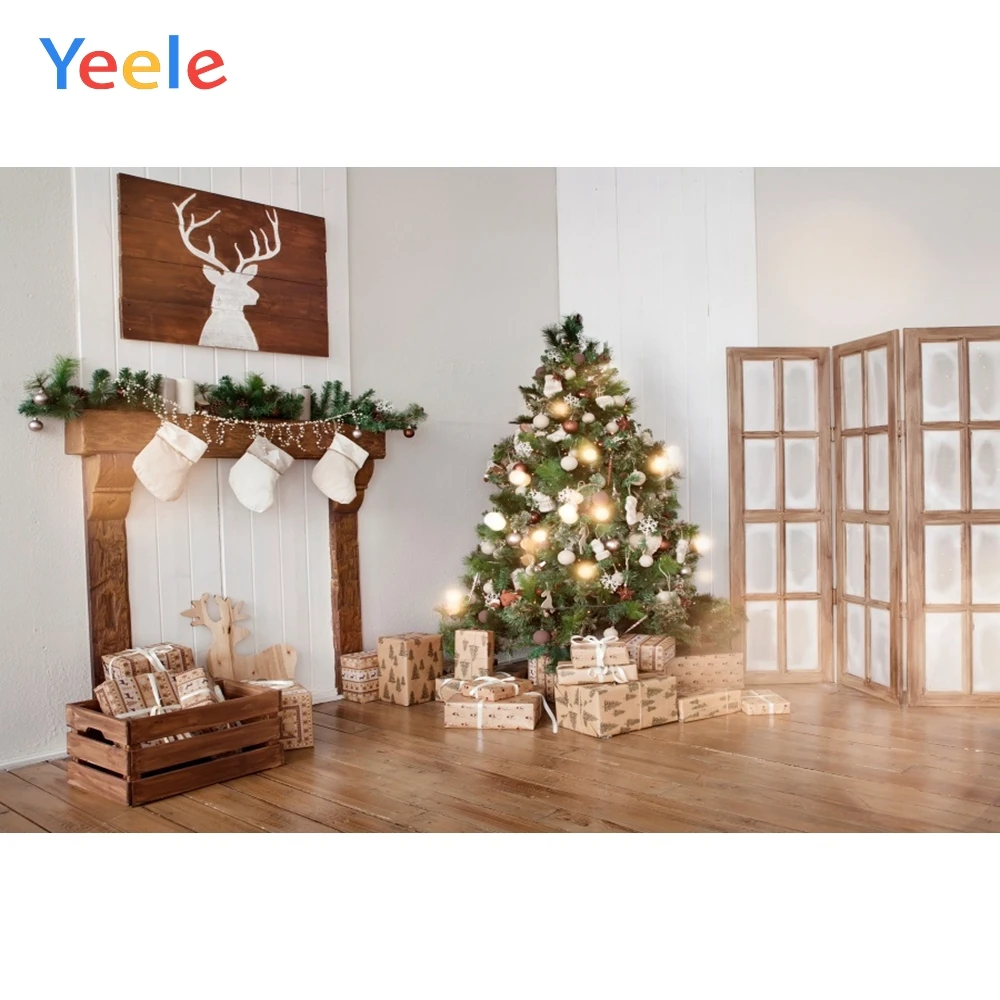 

Yeele Christmas Tree Fireplace Deer Frame Gift Baby Photography Backgrounds Customized Photographic Backdrops for Photo Studio