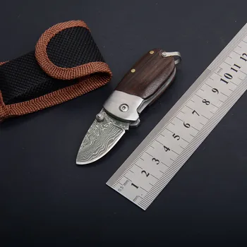 

Hysenss Small Damascus Tactical Folding Knife Wood Handle Outdoor Camping Hunting Survival Pocket Utility Keychain EDC Tools