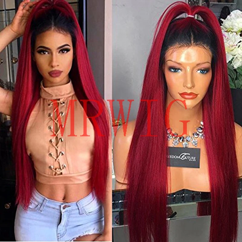

MRWIG middle part long straight ombre burgundy hair lace front wig 2 tone bug for african maerican woman