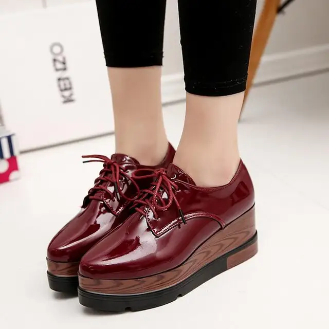 2016Spring Woman Flat Platform Shoes Solid Black&Red Patent Leather ...
