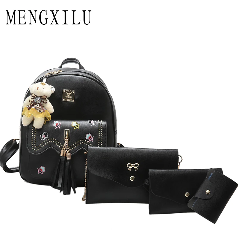 MENGXILU Brand 4 Pcs/Set Embroidery Women Backpack High Quality School Bags For Teenagers Girl PU Leather Tassel Backpack Female