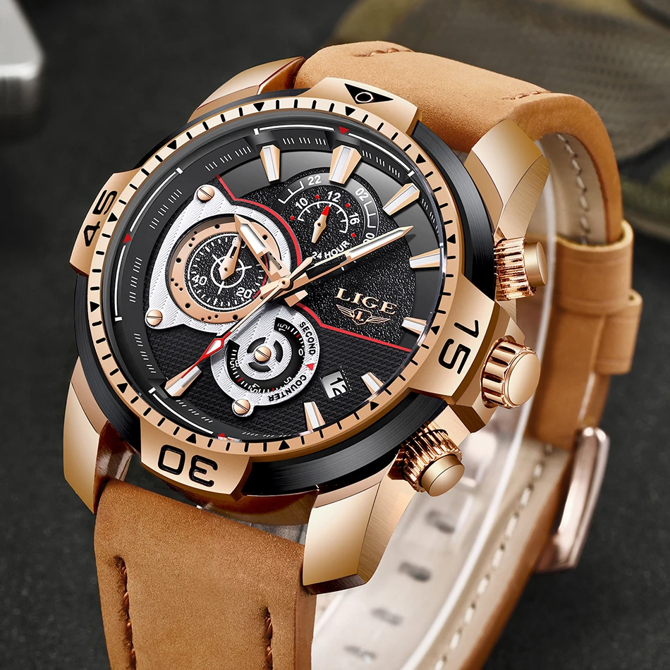 LIGE Mens Watches Top Brand Luxury Casual Leather Quartz Clock Male Sport Waterproof Watch Gift Gold Watch Men Relogio Masculino