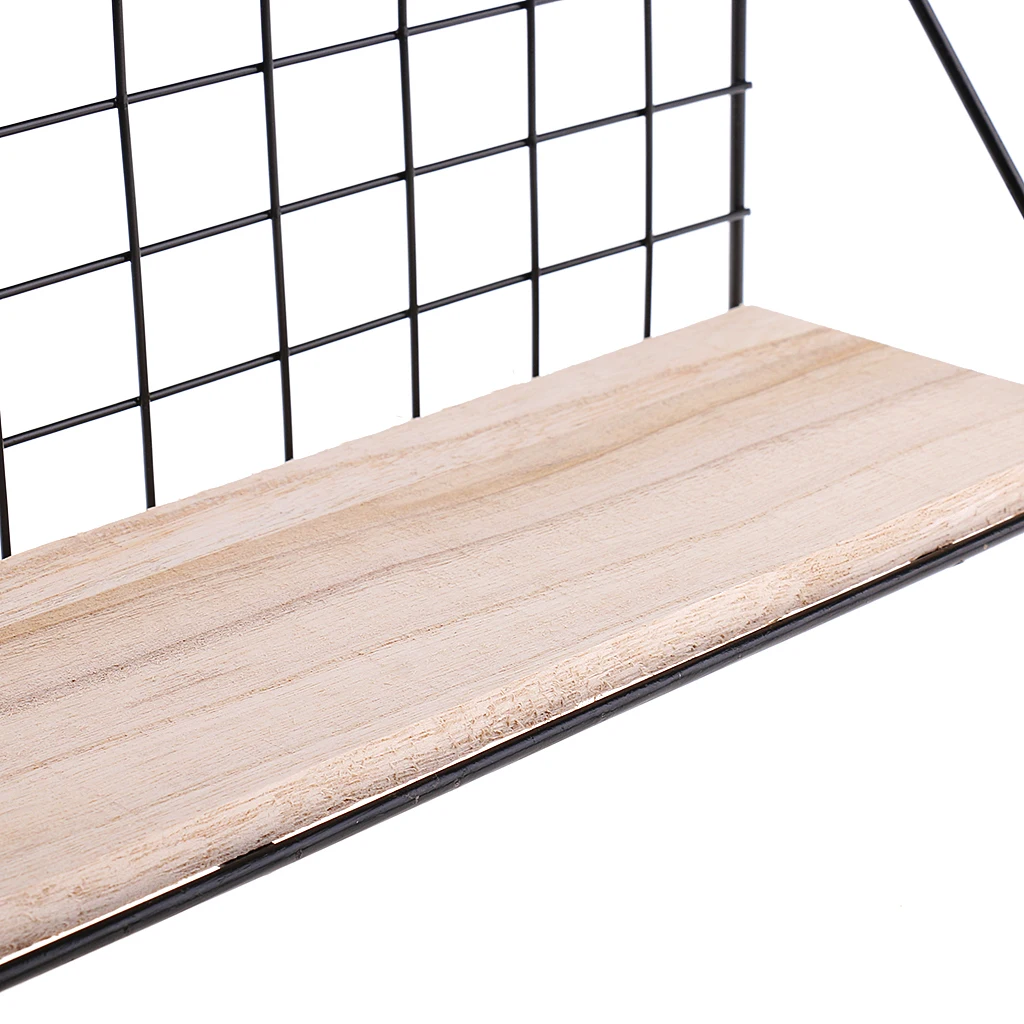 Baoblaze Metal & Wooden Wall Grid Hanging Shelf Kitchen Bathroom Decor Home Furnishing Storage Display Stand Rack Holder
