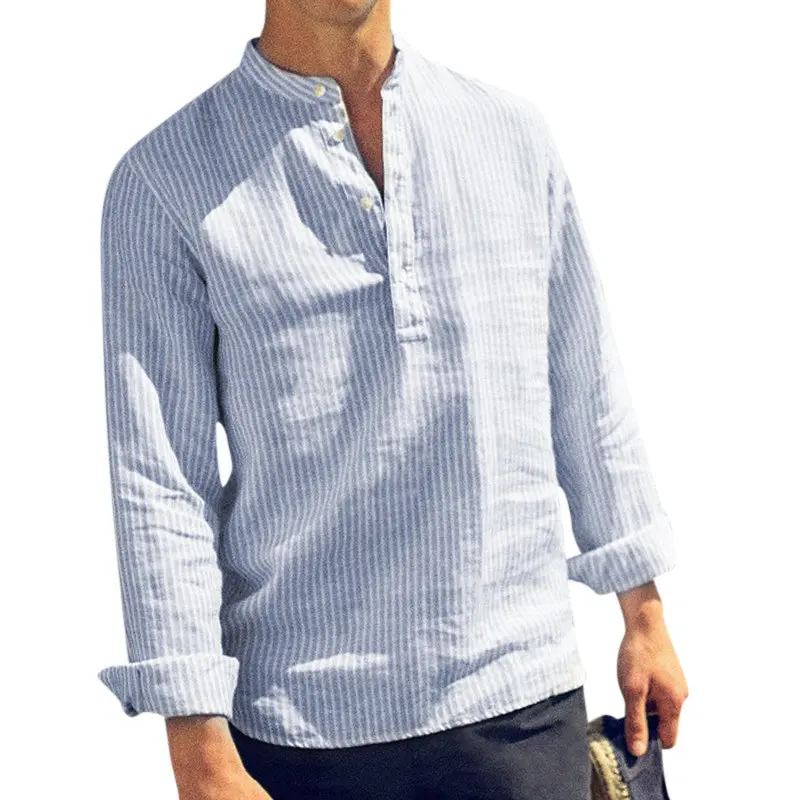 Прямая весна лето рубашка с длинным рукавом мужская однотонная полосатая Повседневная рубашка с воротником из хлопка и льна мужская рубашка