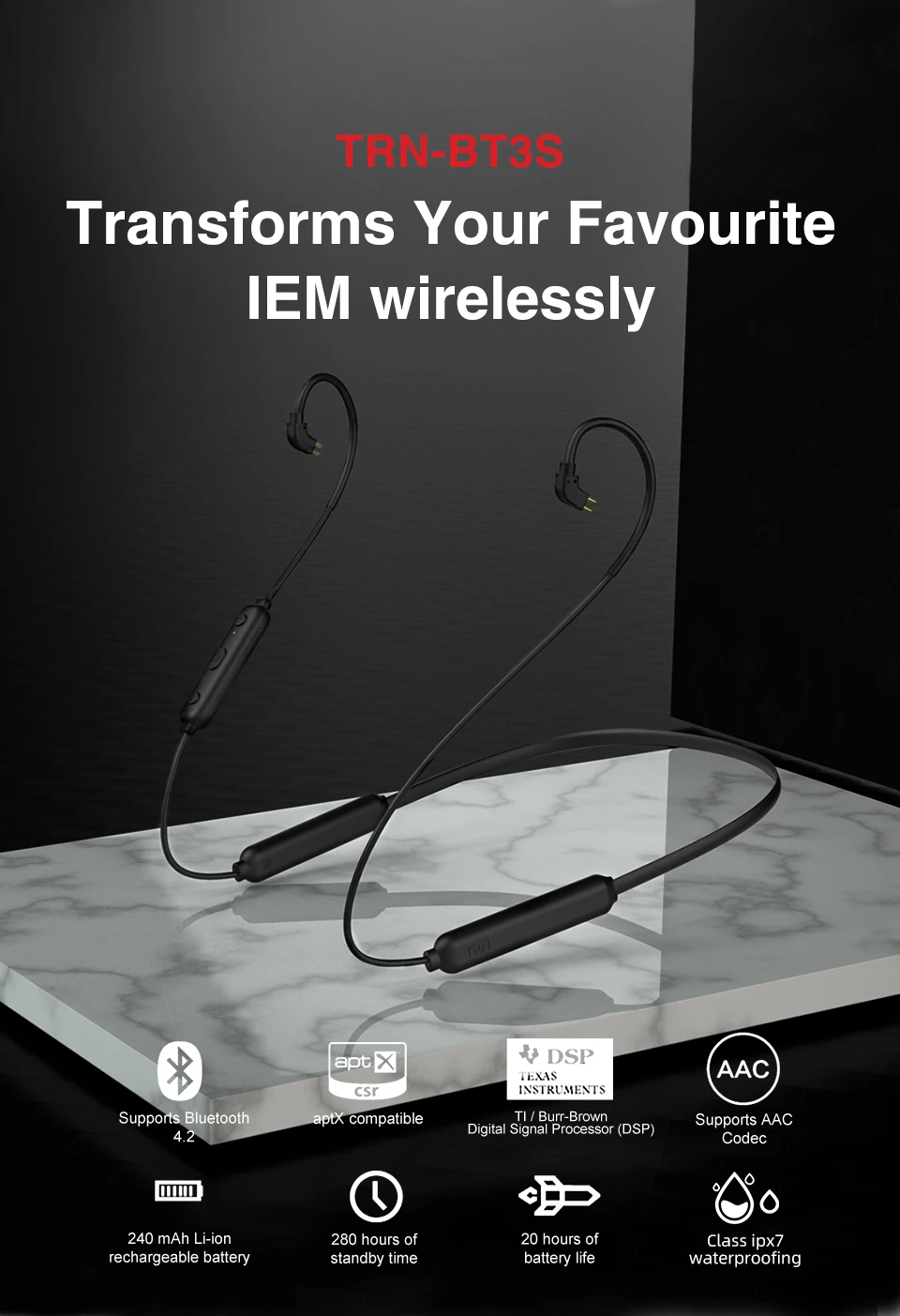 

TRN BT3S Call with Cable Control Headset Upgrade Cable wireless Bluetooth neckband earphone in-ear stereo ear pieces earbuds