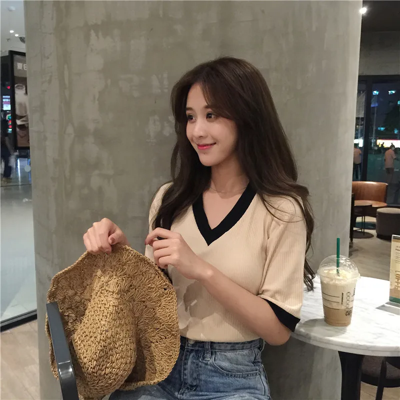 

Women Tops 2019 Summer Harajuku Kawaii Korean Vintage Elegant Short Sleeve V-neck Tunic Patchwork Casual Blusas