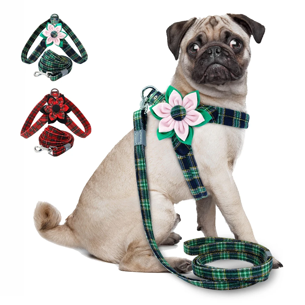 

Floral Dog Harnes Plaid Step in Puppy Pet Harness With Cute Flower for Medium Large Girl Dogs Birthday Accessory Pet Products