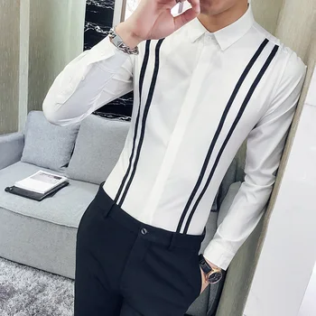 

2018 new men's fashion stripes long sleeved shirt Korean version night shop hairdresser personality dinner fashion shirt
