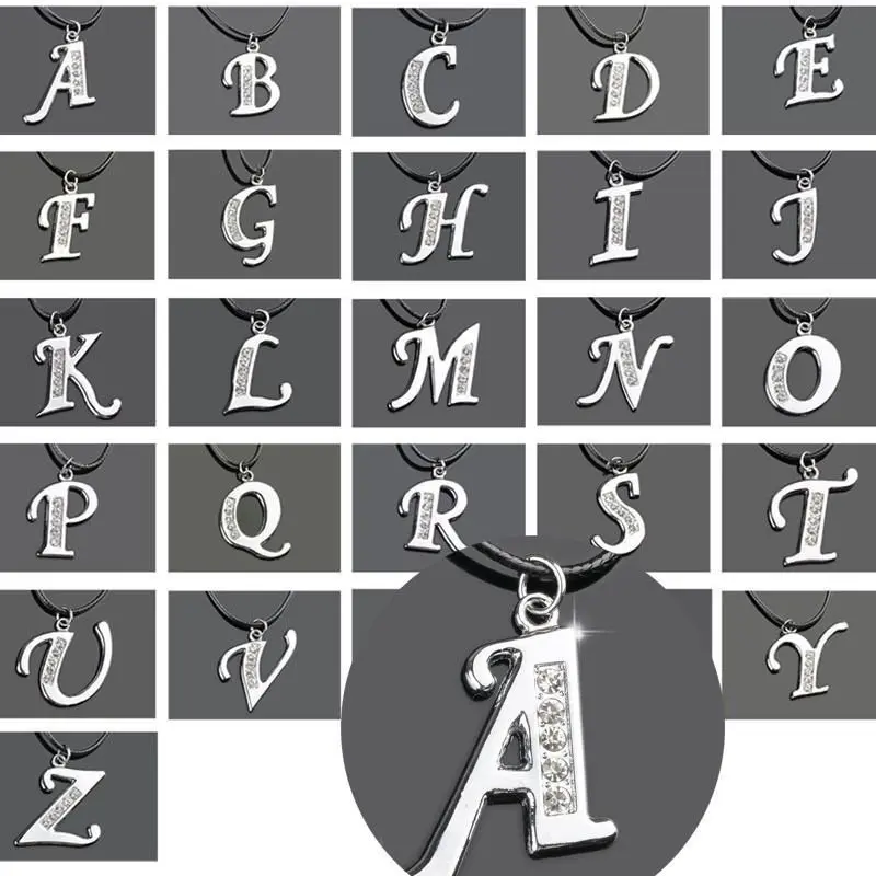 

Hot 1PC SILVER TONE INITIAL LETTER CRYSTAL LEATHER PENDANT NECKLACE 26letters For DIY imitation Necklace Free