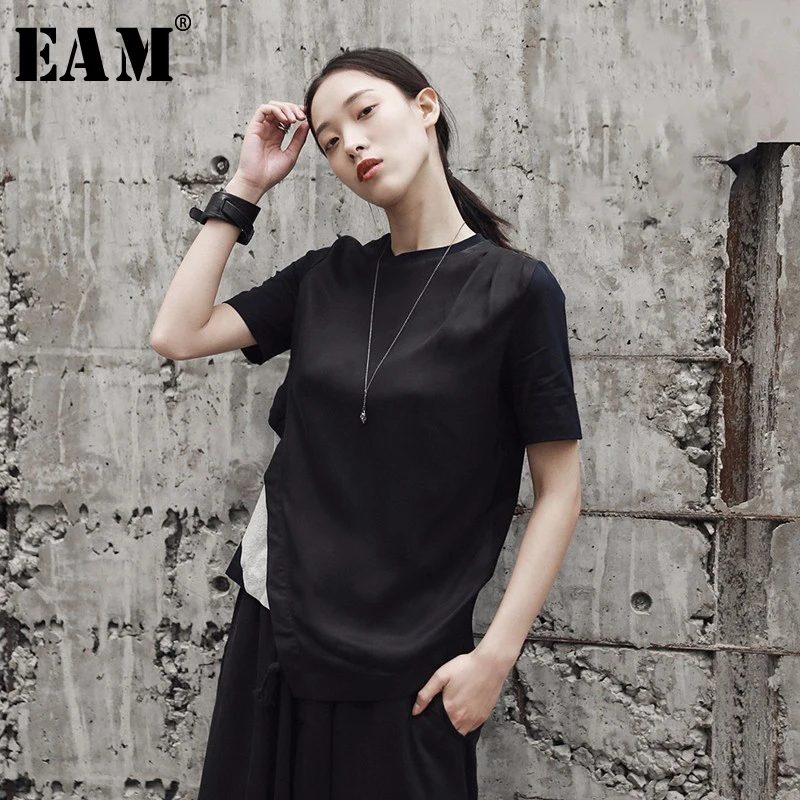 [EAM] 2019New Spring Summer O-collar Short Sleeve Dark Blue Back Striped Stitch Irreguar Drawstring Hem T-shirt Women JF260