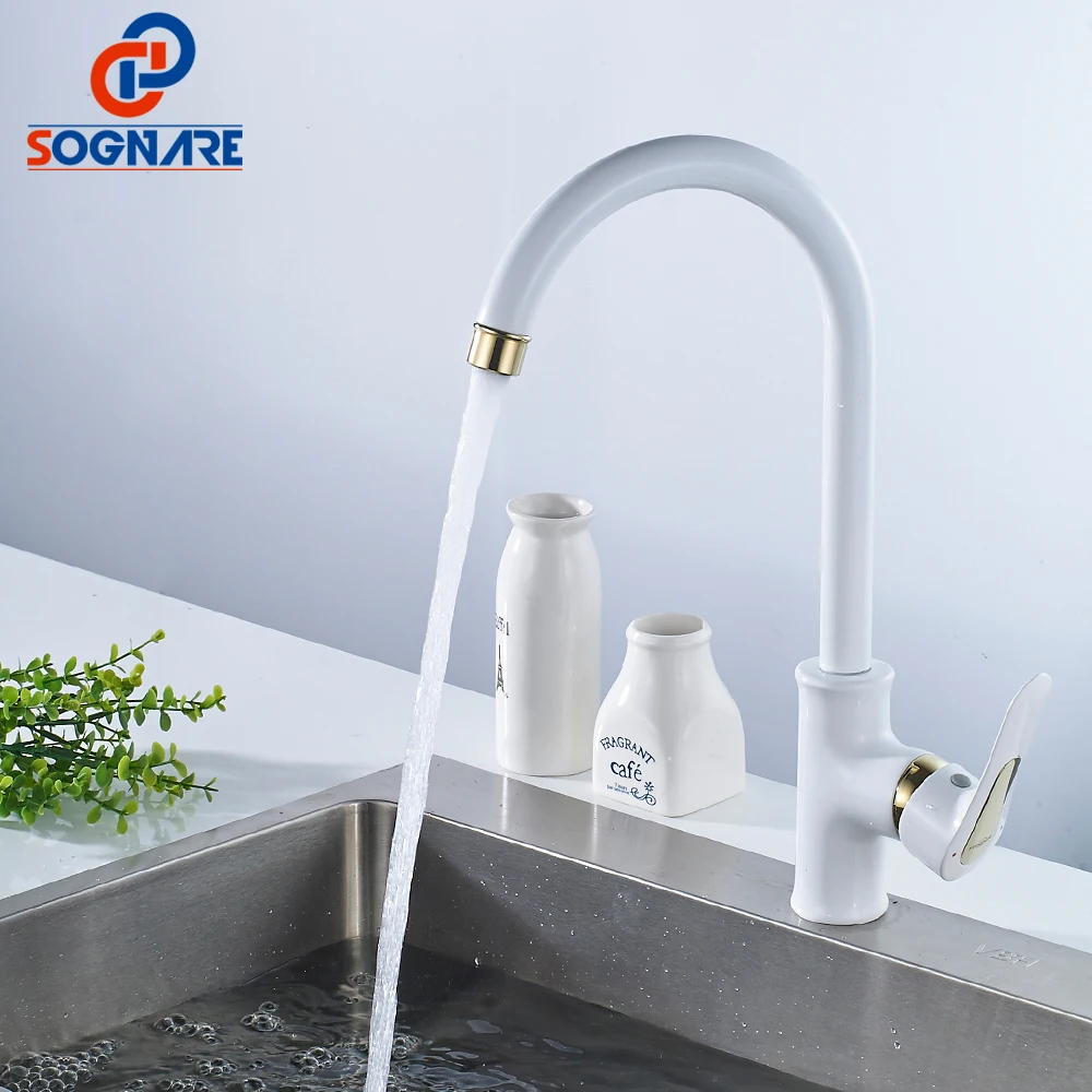 

SOGNARE White and Golden Finish Kitchen Faucet Deck Mounted Cold Hot Kitchen Mixer Rotation Torneira Cozinha Mixer Taps D2104