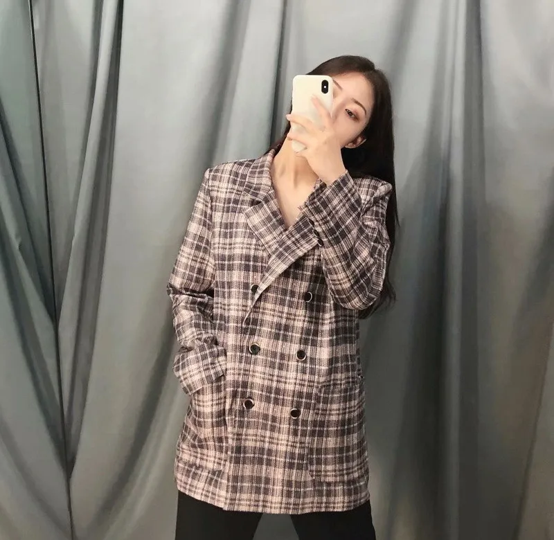 ROHOPO Double Buttons Women Plaid Blazer Autumn British Style Chic Office Ladies Casual Striped Khaki Outwear #UZ1001