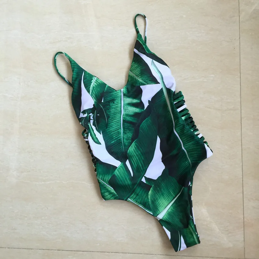 

Leaf Print One Piece Swimsuit Padded One-Piece Monokini Sexy Bathing Suit 2019 Women's Swimwear Strappy Beach Wear Swim Suits