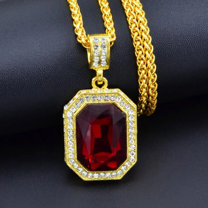 Модное квадратное красное ожерелье с большим кристаллом, персонализированные мужские Стразы в стиле панк, длинная цепочка, золотое ожерелье с подвеской, хип-хоп ювелирные изделия