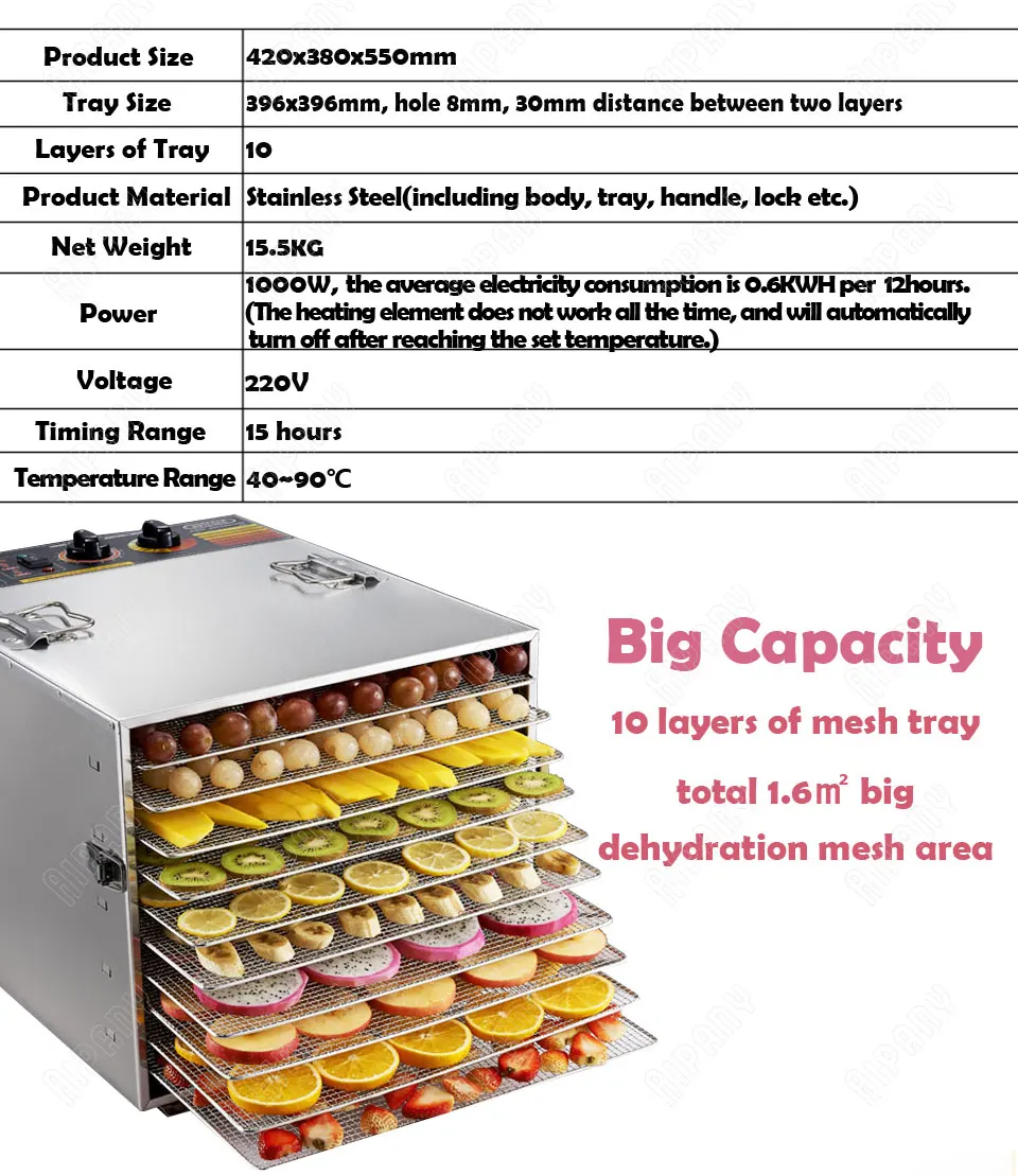 ST01 10-лоток влагопоглотитель пищевой электрический машина для фруктов и овощей, сушильные машины для мяса из нержавеющей стали#304 сушилка для продуктов снеков