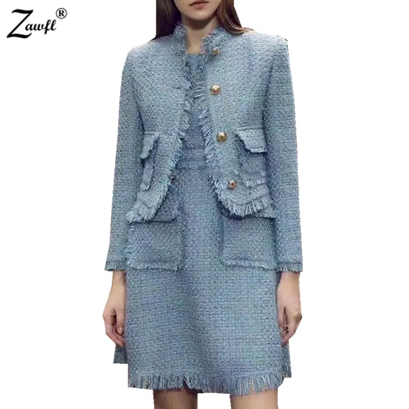 

High Quality Winter Women Tweed 2 Piece Set Dress 2019 Designer Long Sleeve Short Jacket Coat + Bodycon Mini Party Skirt Suit