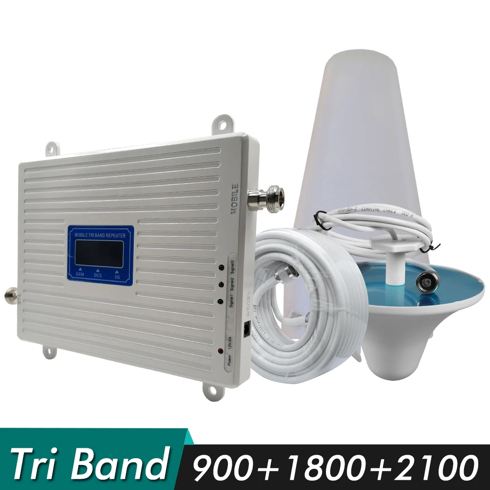 

65dB Gain Tri Band Booster GSM 900+DCS/LTE 1800+UMTS/WCDMA 2100 mhz Cell Phone Signal Repeater 2G 3G 4G Network Signal Amplifier