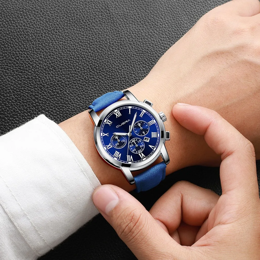 

Men Luxury Fashion Business Watch Top Brand Three Eyes Roman Numerals Stainless Steel Dial Leather Band Analog Quartz Watch A40