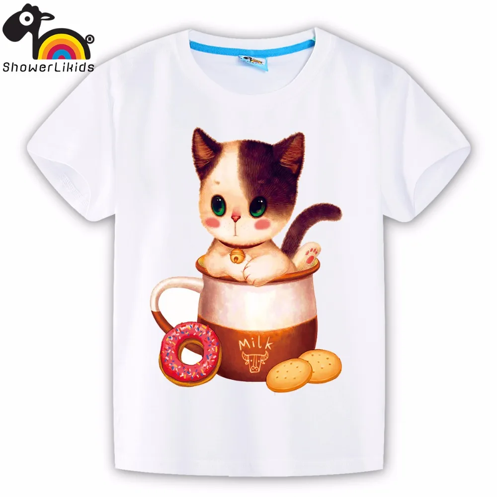 Хлопковые детские футболки с короткими рукавами милая Одежда для мальчиков и девочек с героями мультфильмов теплая одежда с изображением кота