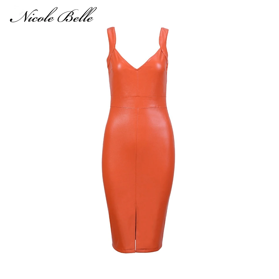 2017-New-Celebrity-Runway-PU-Dress-Orange-V-neck-Spaghetti-Strap-Splitting-Sleeve-Sexy-Women-Party