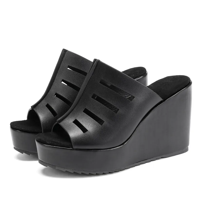 Босоножки-слайды на платформе женская обувь Летние сандалии-гладиаторы на танкетке женские сандалии на высоком каблуке размера плюс Размеры: 32, 33,-40, 41, 42, 43 размеры 44, 45 - Цвет: Черный