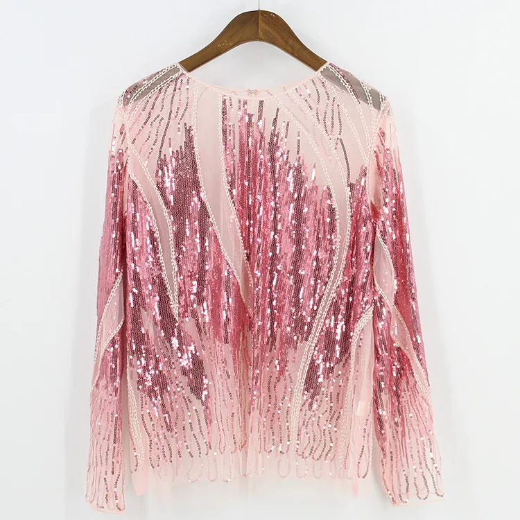 women's denim shirts & tops Women Shirt Summer Long Sleeve Embroidery Sequin Bead Sheer Lace Mesh Blouse Camisas Mujer Sexy Body Top Blusa Feminina long sleeve blouse