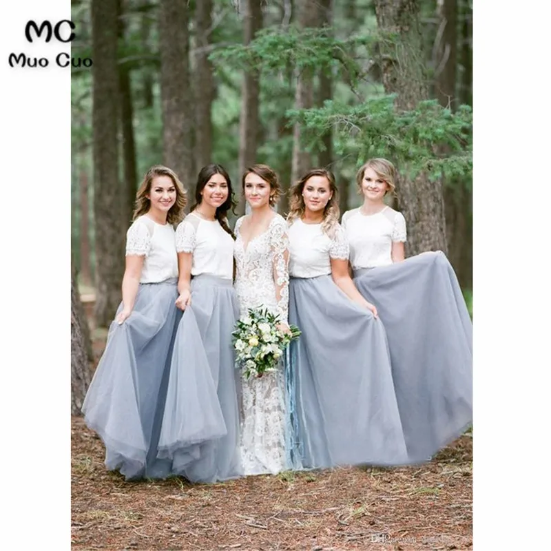 Two Piece Crew Short Sleeves Floor-Length Light Grey Bridesmaid Dress with Lace4