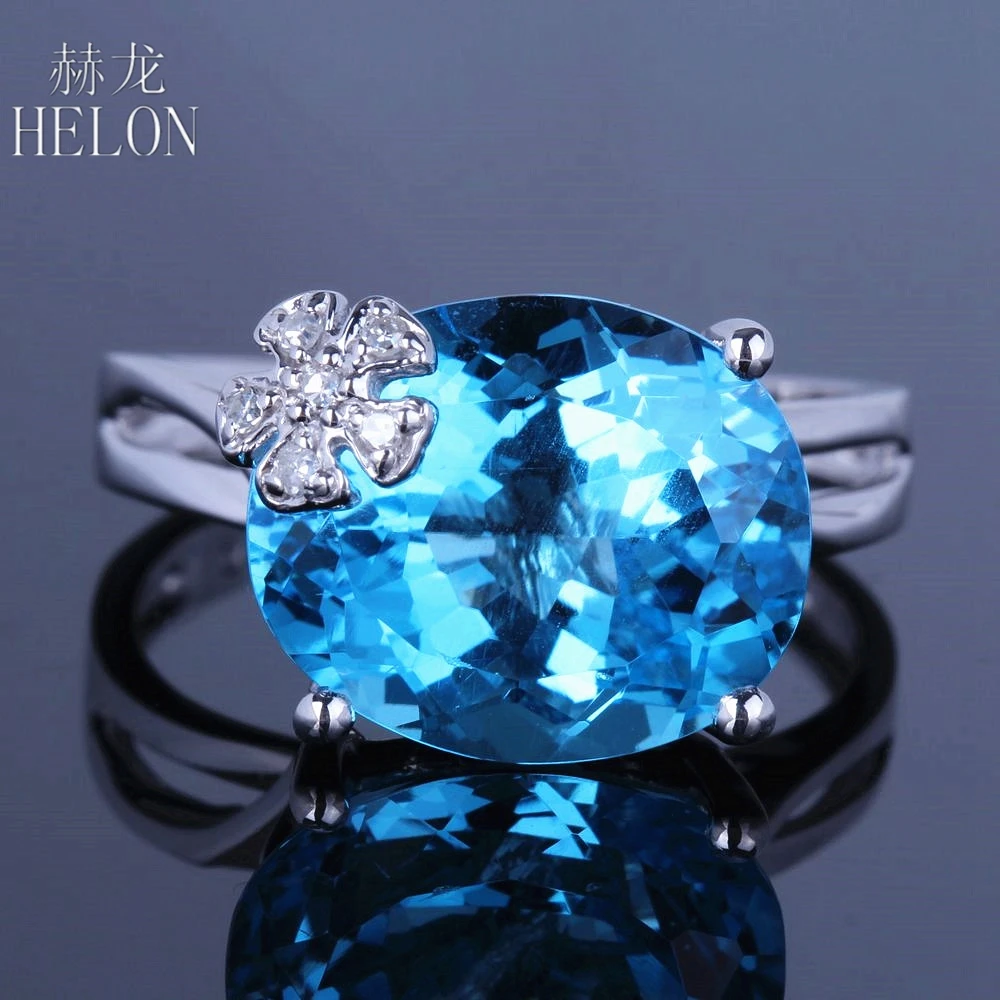 

HELON Solid 14K White Gold Engagement Real Diamond Exquisite Flower Fine Ring 11x13mm Oval Blue Topaz Women Jewelry Wedding Ring