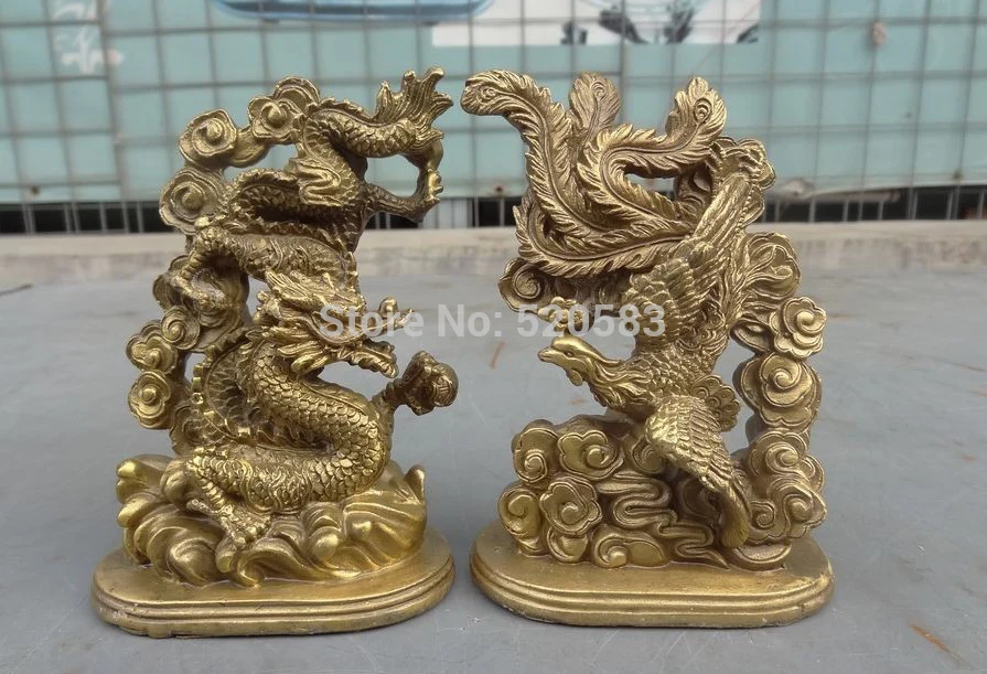 

Chinese Pure Brass Fly Dragon Phoenix Statue Pair