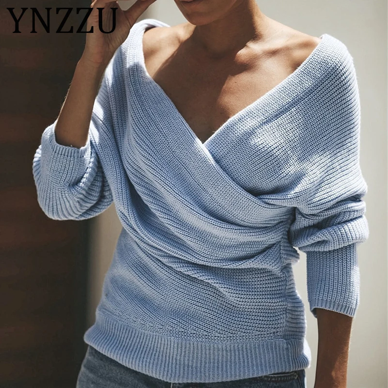 YNZZU 2019 осень v-образный вырез крест сексуальный вязаный свитер женский однотонный синий розовый белый Женский пуловер Свободный джемпер