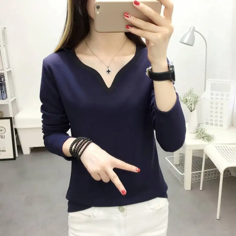 Women Winter Warm Solid T shirt Ladies Slim Tops Tee Female V neck T