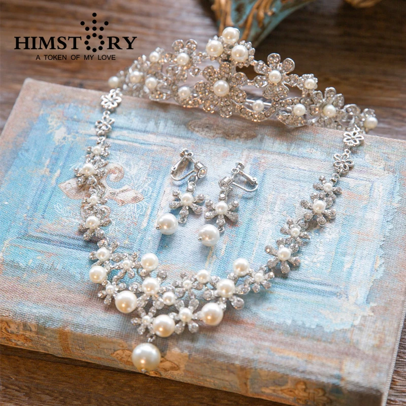 

HIMSTORY Hot Sale Pearl Rhinestones Daisy Flower Designs Wedding Hair Crown Tiaras Necklace and Earring 3PCS Set