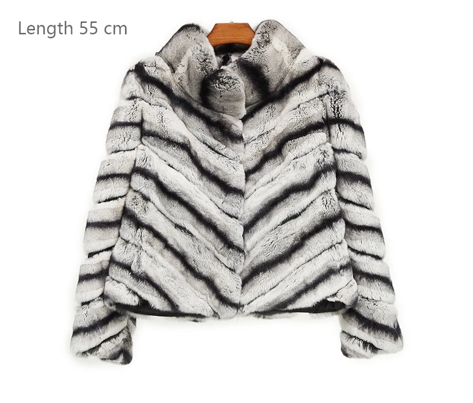 

55cm Long Lexus Rex Rabbit Fur/Chinchilla Fur Coat/Grey Striped Outwear/Plus Size Custom Fur Coats Jacket Jackets