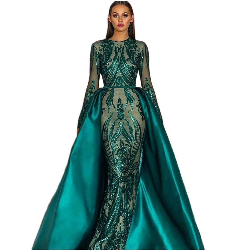 

Elegant Arabic Lace Long Evening Dresses With Detachable Train Sequin Bling Green Evening gowns for women Formal dress