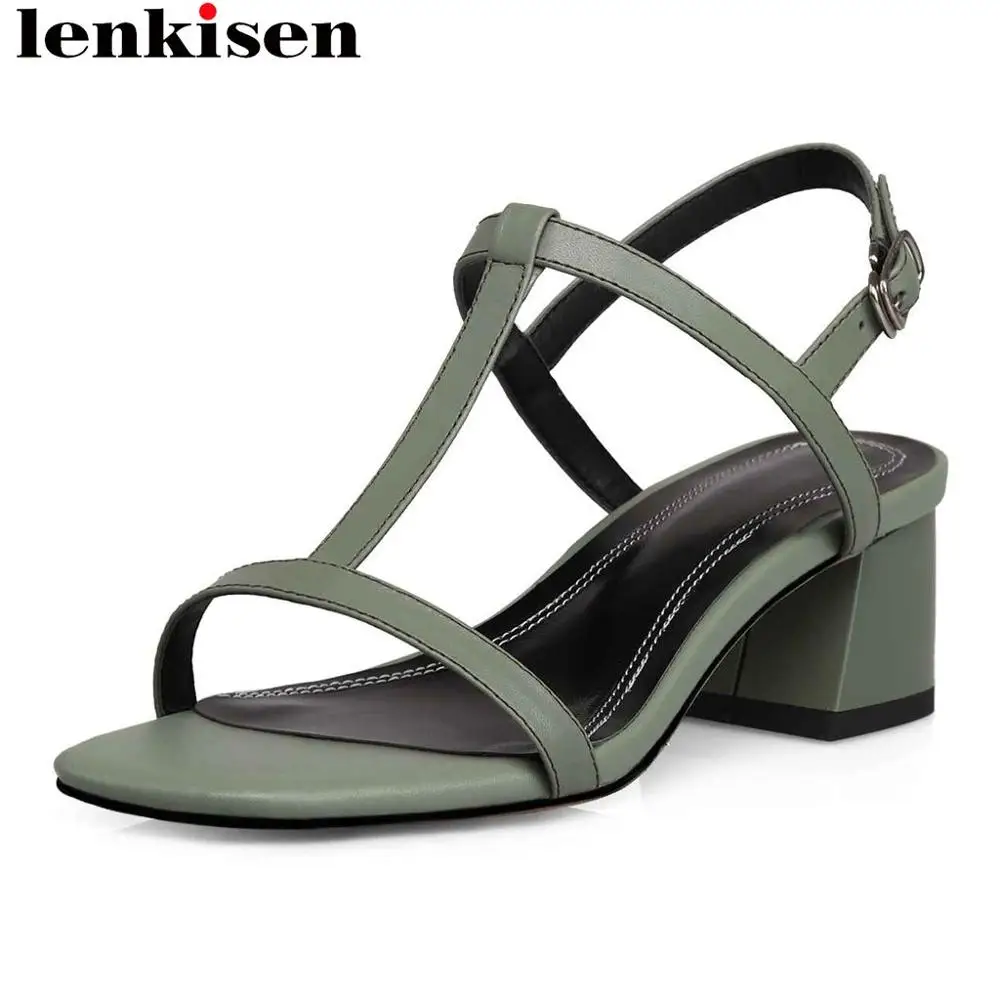 

Big size full grain leather buckle strap gladiator shoes chunky med heels peep square toe modern girls fashion show sandals L9f5