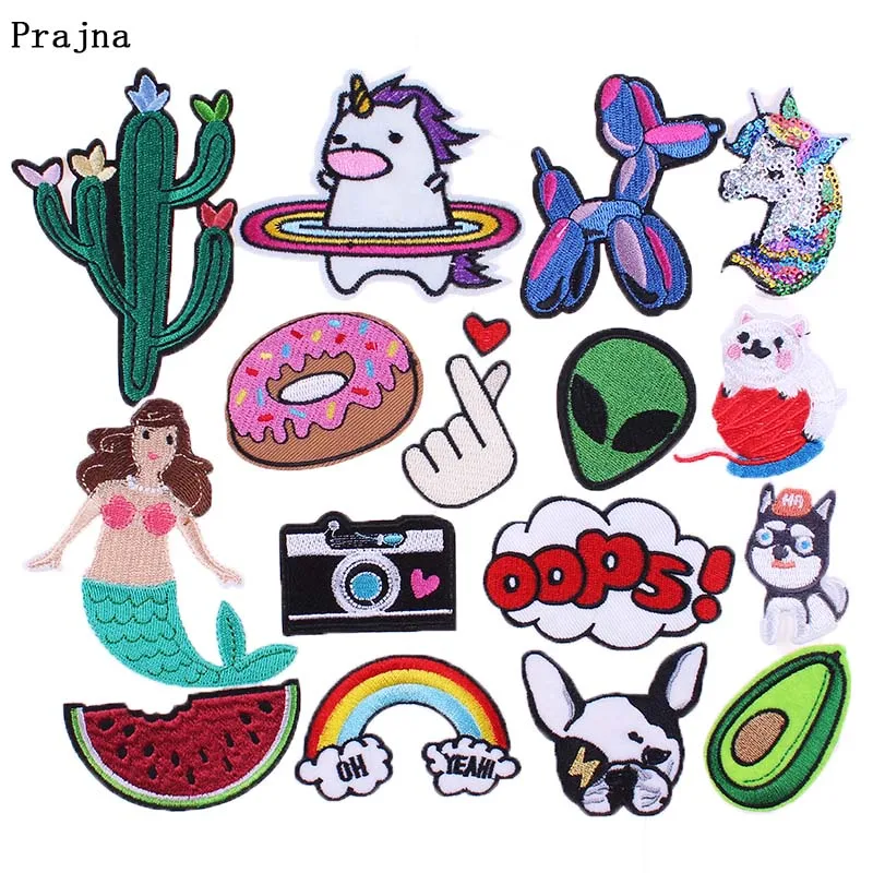 

Prajna Cartoon Unicorn Parches Embroidered Sew Iron on Patches for Clothing DIY Foods Stripes Badge Rainbow Stickers Appliques F