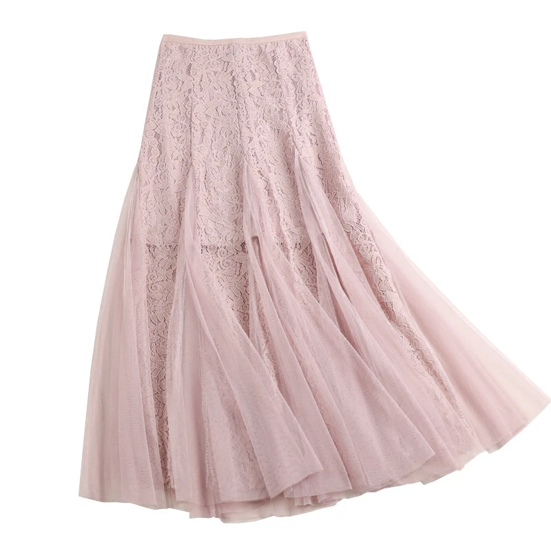 

2019 New Summer Hollow Out Sexy Lace Pleated Skirt Korean A-Line High Waist Mesh Skirt Women Zipper TUTU Skirts Faldas Saias