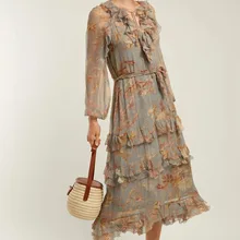 Женское шелковое платье миди с цветочным принтом и рюшами, с бахромой, с длинным рукавом-фонариком, с v-образным вырезом, Осеннее длинное платье