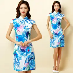 M ~ 3XL плюс размер Новые китайские традиционные женские синие с цветочным принтом Cheongsam Qipao вечерние женские большие короткое платье миди
