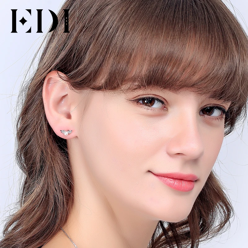 EDI 925 Sterling Silver 4mm Natural Freshwater Pearls Angel Wings Stud Earrings For Women Cute Jewelry