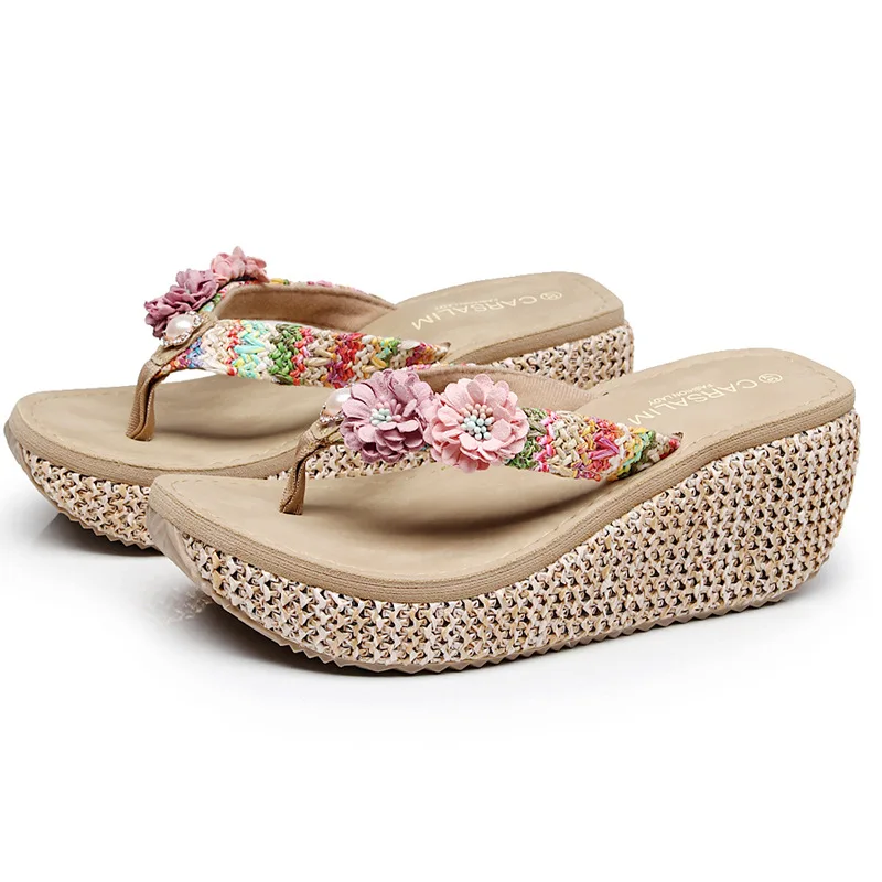 Shoes Woman Summer Bohemia Slippers Fashion Toes Flip Flops Flower Womens Wedge Sandals Beach Slippers Shoes