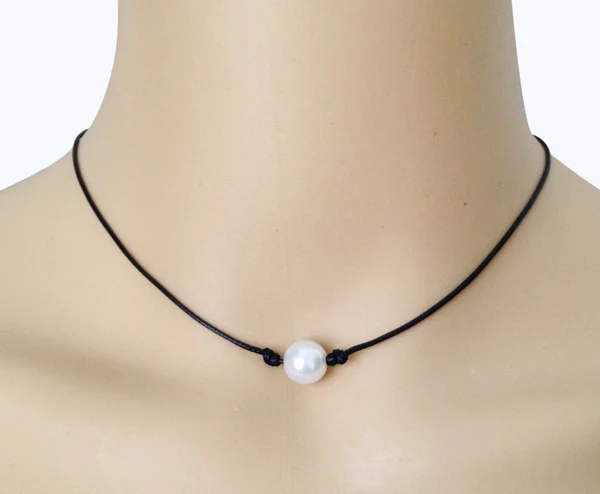 

Drop Shipping Chic single cultured pearl necklace pearl choker necklace real pearl statement necklace black leather cord jewelry