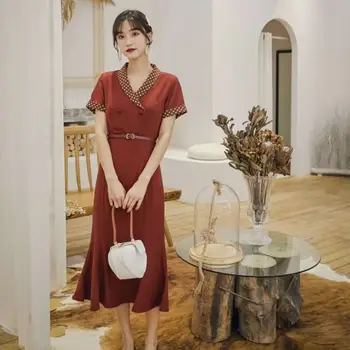 

Red Wine Elegant Dress Retro Mermaid Elegant Polka Dot Patchwork Turn-down Collar Dresses Woman High Waist Fashion Vintage Dress