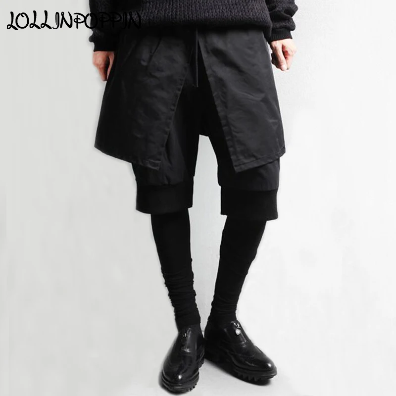 Mens Punk Pants With Leggings Faux Three Pieces KPOP Same Style Black Jogger Pants Male Culottes Elastic Waist Slim Trousers Mens Punk Pants With Leggings Faux Three Pieces KPOP Same Style Black Jogger Pants Male Culottes Elastic Waist Slim Trousers