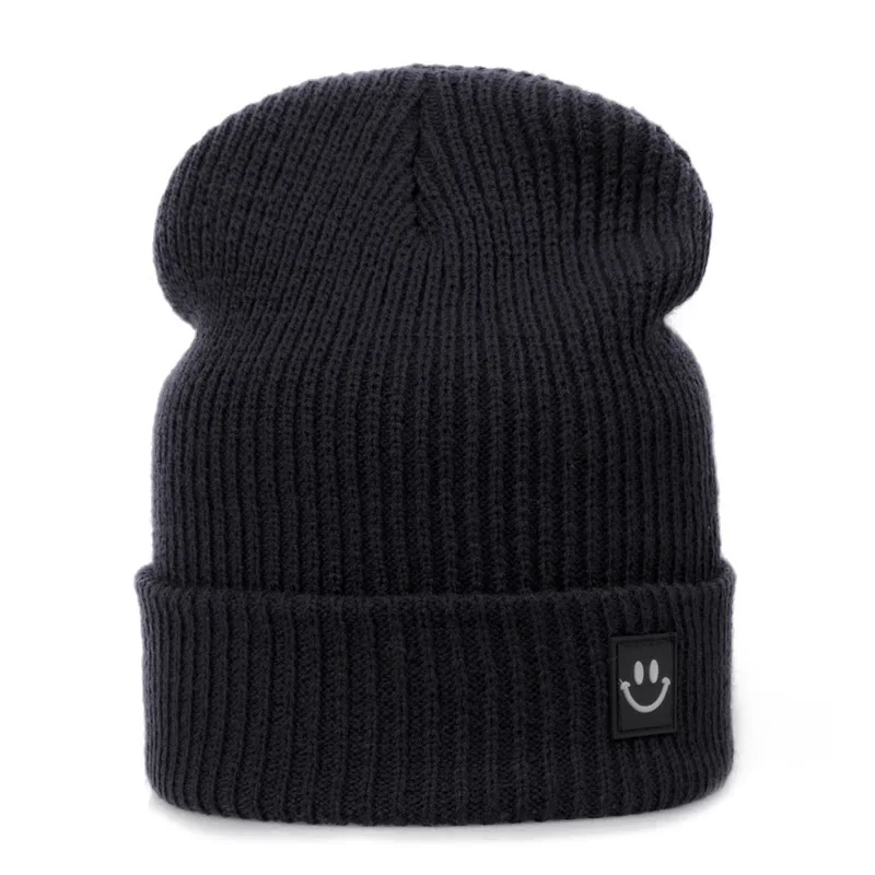 TRUENJOY/Милая кожаная женская вязаная теплая шапка в стиле хип-хоп с логотипом в виде улыбки, мужская вязаная шапка Skullies Beanies, зимняя уличная шапка, аксессуары - Цвет: Black